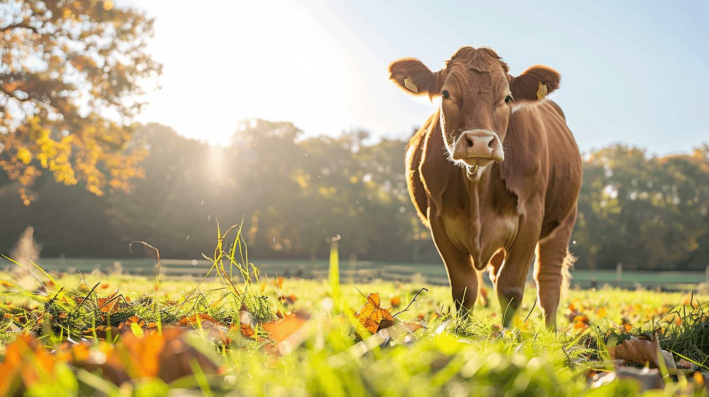 A happy cow standing in a field